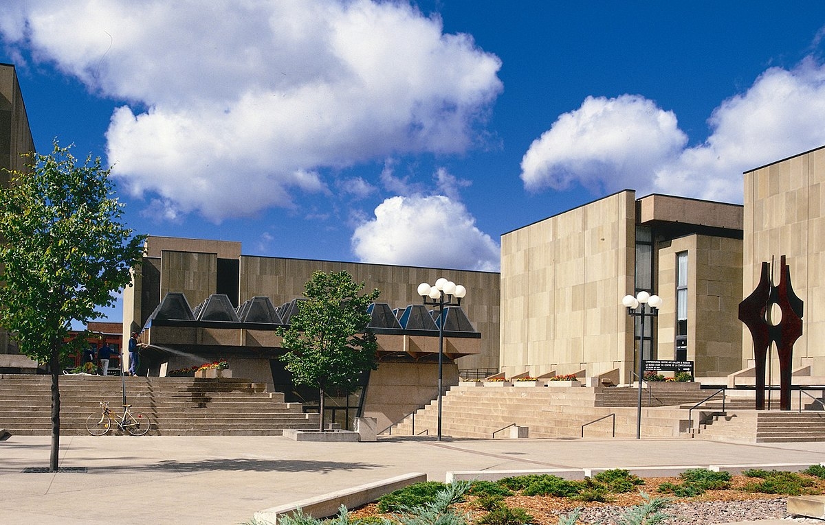 Outside view of the Confederation Center, beautiful blue skies above the Confederation center beige brick buildings              ederaation center